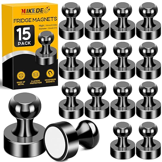 MIKEDE Fridge Magnets, 15Pcs Strong Neodymium Push Pins for Whiteboard, Black Refrigerator Magnets for Office, School, Classroom, Kitchen-DeskLoop Office