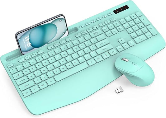 Wireless Keyboard and Mouse Combo - Full-Sized Ergonomic Keyboard with Wrist Rest, Phone Holder, Sleep Mode, Silent 2.4GHz Cordless Keyboard Mouse Combo for Computer, Laptop, PC, Mac, Windows (Green)-DeskLoop Office