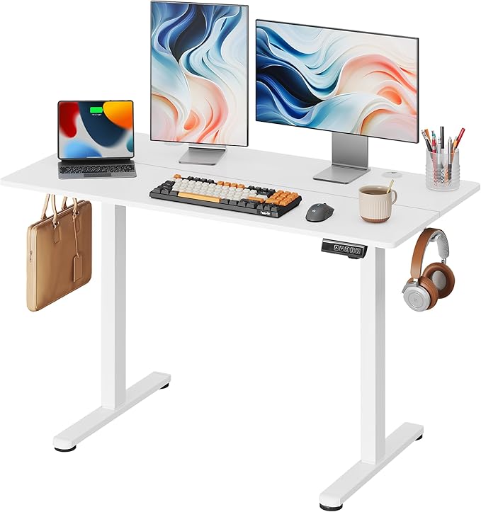 DEVAISE 48 Inch Electric Standing Desk, 3 Adjustable Height Stand up Desk for Home Office, Ergonomic Sit to Stand Desk with LED Touchscreen,Headphone Hook, 3 Memory Preset Computer Desk (White)-DeskLoop Office