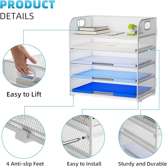 Marbrasse Paper Organizer Letter Tray, 5 Tier Mesh File Organizer with Handle, Paper Sorter Desk Organizer for Home Office Supplies - White-DeskLoop Office