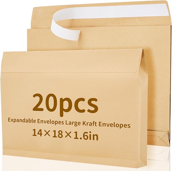 20 Pcs 14 x 18 x 1.6 Inch Large Expandable Catalog Envelopes Manilla Kraft Peel and Seal Envelopes Light Large Mailing for Office Home Documents Magazines Photos Storage Organizing(Brown)-DeskLoop Office