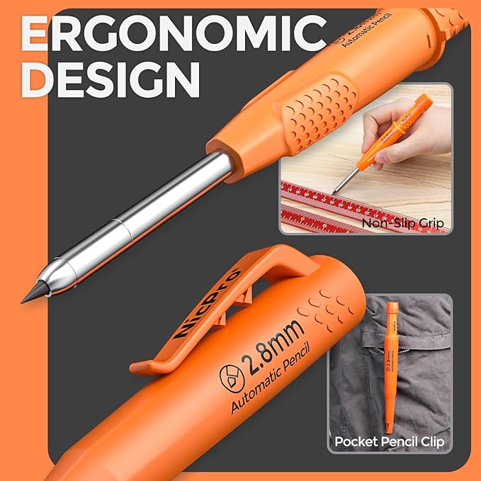 Nicpro CP3000 Carpenter Pencil with Sharpener, 2.8mm Mechanical Pencils with 19 Refill, Deep Hole Marker for Construction, Heavy Duty Woodworking Pencil, Carpenter Tools for Architect Marking (Orange)-DeskLoop Office