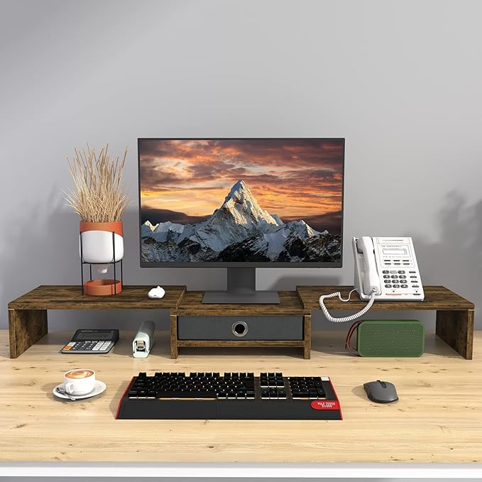 WESTREE Dual Monitor Stand Riser with Drawer, 3 Shelf Computer Monitor Riser with Adjustable Length and Angle, Desktop Monitor Stand Riser Storage Organizer for 2 Monitors-DeskLoop Office