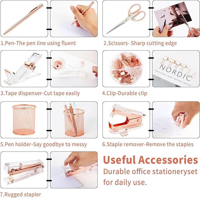 Rose Gold Desk Accessories, Office Supplies Set with Acrylic Stapler, Tape Dispenser, Staple Remover, Pen Holder, Scissor, Binder Paper Clips, 1 Ballpoint Pen, 1 Clear Tape and 1000pcs Staples-DeskLoop Office