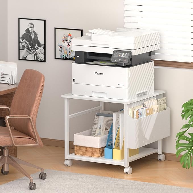 Lerliuo Large Printer Stand with Storage Shelf, 23.6 x 23.6 x 22.8 Industrial Printer Table for Home Office, Rolling Printer Cart Holder with Lockable Wheels, Mobile Mini Fridge Stand Table (White)-DeskLoop Office