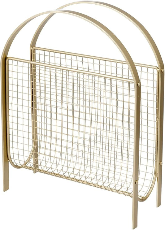 MyGift Mid-Century Design Magazine Rack, Matte Black Tone Metal Mesh Freestanding Magazine Organizer Holder Sling (Brass)-DeskLoop Office