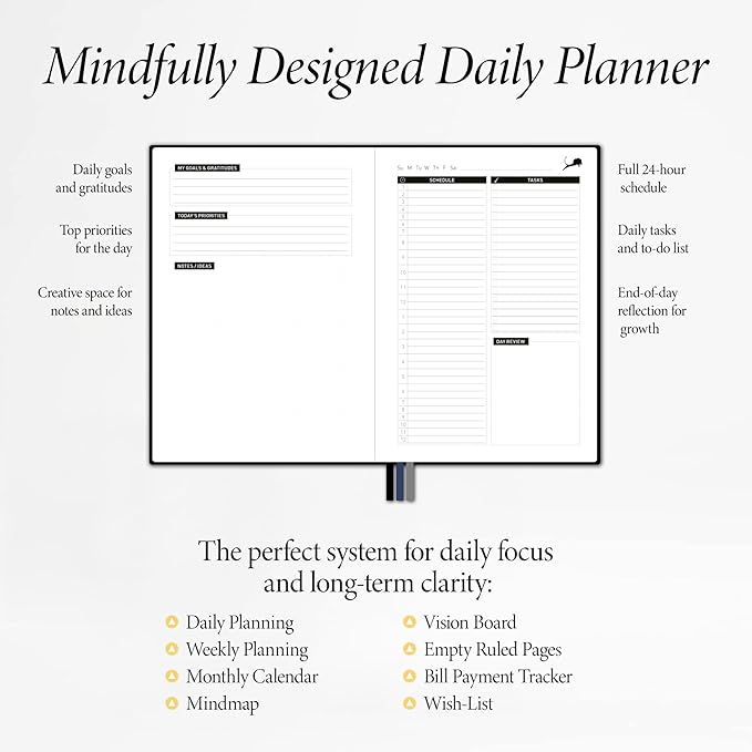 Daily Planner, Calendar & Life Organizer to Improve Time-Management, Productivity & Happiness | Vegan Leather Hardcover Notebook with Blank Dates, Undated 6 Months Hourly Planner for Men & Women, 24 Hour Agenda (Black)-DeskLoop Office