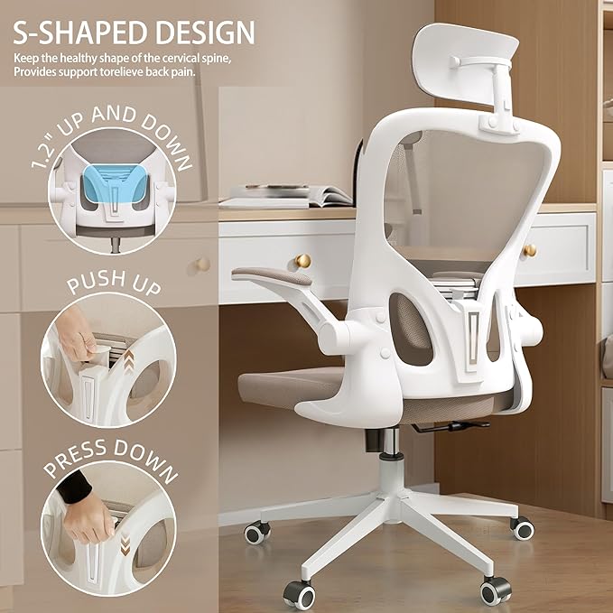 Ergonomic Office Chair, High-Back Mesh Computer Desk Chair with Adjustable Height, Lumbar Support, Flip-Up Armrests,headrest,and Swivel Rolling Design for Home and Office Use