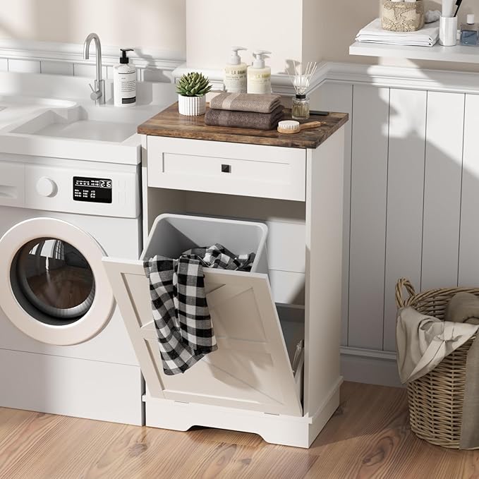 Tilt Out Trash Can, Farmhouse Kitchen Trash Cabinet w/Negative Ion, Dog Proof 10 Gallon Garbage Can for Kitchen, Bathroom, Living Room, White-DeskLoop Office