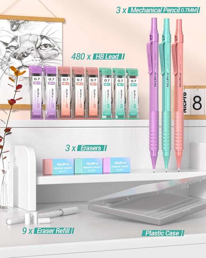 Nicpro 0.7 mm Metal Mechanical Pencil Set, 3PCS MP1000 Artist Lead Pencils With 480PCS HB 2B Lead Refills, Erasers, Pastel Aesthetic Mechanical Pencils for School Supplies Writing Drawing Sketching-DeskLoop Office