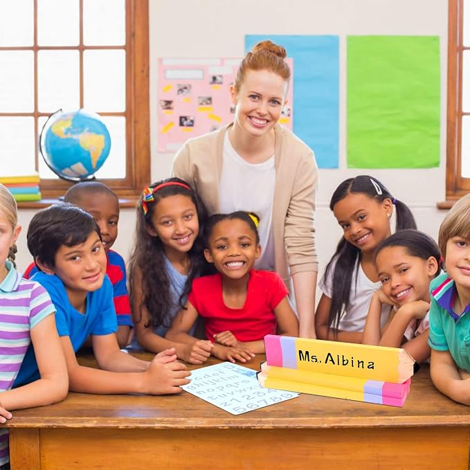 6 Pieces 9.8 x 2'' Pencil Teacher Name Plates Set Includes 4 PCS of Pencil Name - Image 9