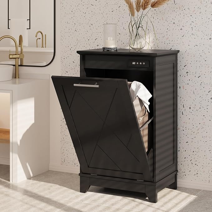 Tilt Out Trash Cabinet, Kitchen Trash Can Cabinet w/Negative ion and deodorizing Function, Dog Proof 10 Gallon Garbage Can Cabinet for Kitchen, Bathroom, Living Room, Black-DeskLoop Office