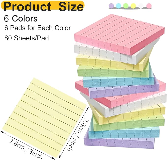 48 Pack 3840 Sheets Lined Sticky Notes 3X3 in Ruled Self Sticky Note Pads 80 Sheets/pad Colorful Sticky Notes with Lines Post Notes for Office, Home, School, Meeting-DeskLoop Office