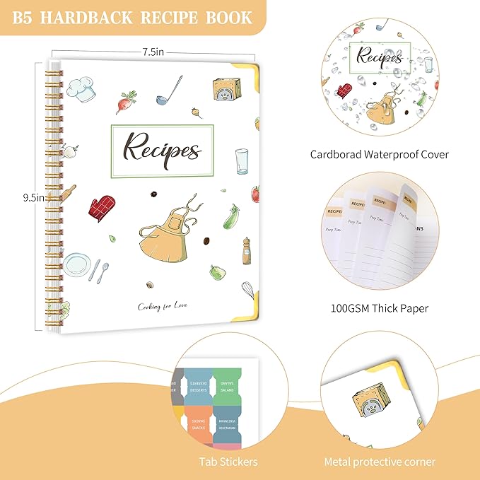 Blank Recipe Book to Write in Your Own Recipes, Blank Cookbook with 175 Pages for Family Cooking Lover, Recipe Notebook with Tab Sticker Sheets, Recipe Journal, Hardcover, 7.5" x 9.5"-DeskLoop Office