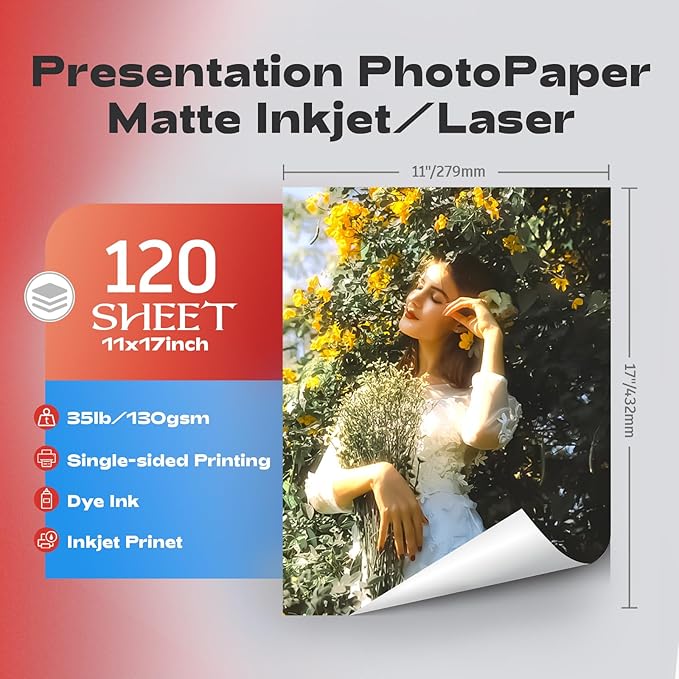 120 Sheets Thin Matte Presentation Photo Paper tabloid paper 11x17 inches 35lb 130gsm 6.5 Mil A3 for Dye Ink Inkjet Printer-DeskLoop Office