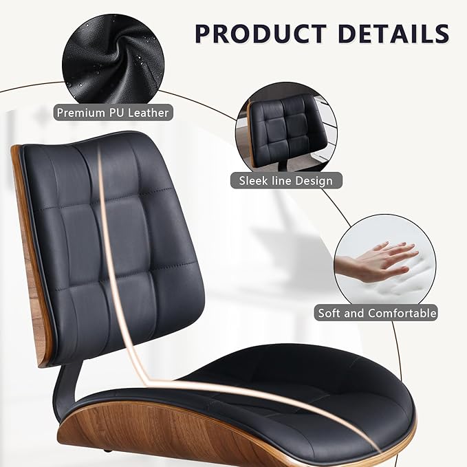 Home Office Desk Chair with Wheels, Adjustable Height Armless Office Chair, PU Leather Mid Back 360° Small Computer Chair, Modern Walnut Chair No Arms for Office, Reading Meeting Room(Black)-DeskLoop Office