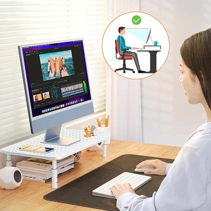 Bracwiser Monitor Stand Riser, Metal Computer Stand, 3 Height Adjustable Screen Riser with Mesh Platform for PS4, Laptop, Printer, Notebook and All Flat Screen, Holds Up to 20KG,White-DeskLoop Office