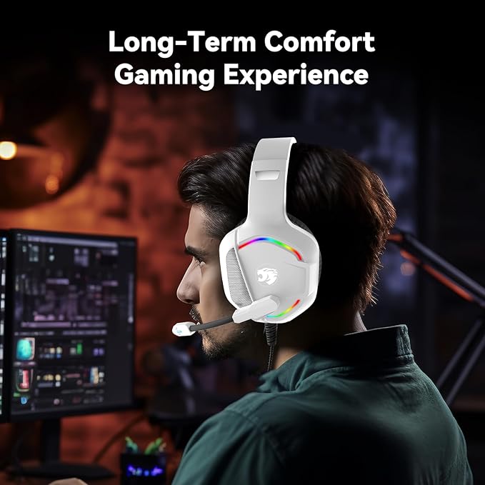 Gaming Headset with Microphone for Pc, Xbox One Series X/s, Ps4, Ps5, Switch, Stereo Wired Noise Cancelling Over-Ear Headphones with Mic, RGB, for Computer, Laptop, Mac, Nintendo, Gamer (White)-DeskLoop Office