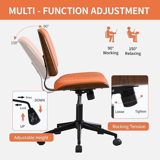 Small Home Office Chair - Armless Mid Back Desk Chair with 360° Swivel and Wheels, PU Upholstered Height Adjustable Modern Walnut Computer Chair for Home, Office Meeting Room - Orange-DeskLoop Office