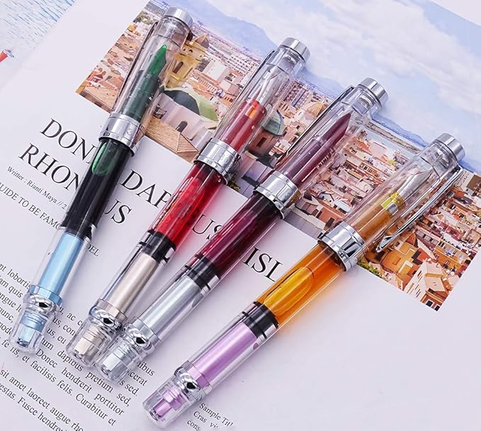 Lanxivi 4 x Yongsheng 3008 Fountain Pen Upgrated Fine Nib,Silver Trim,Piston Filling, Transparent-DeskLoop Office