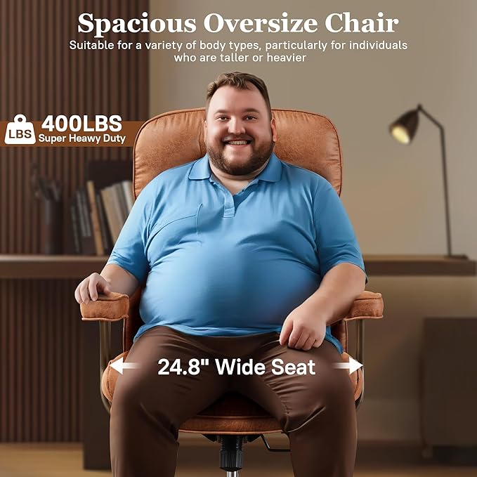 Mid Century Modren Big and Tall Office Chair,Large Ergonomic Executive Chair for Heavy Duty People, Computer Desk Task Chair with Wheels, Faux Lether Fabric Wide Chair for Home Sturdy,Brown(Suede)-DeskLoop Office