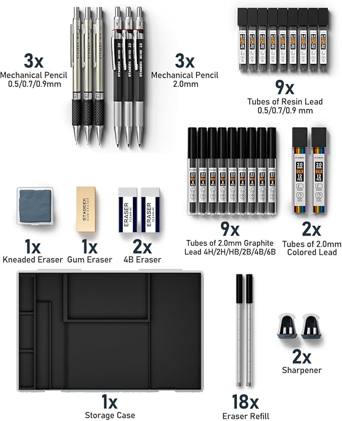 34PCS Art Mechanical Pencil Set, Drafting Pencil 0.5, 0.7, 0.9MM & 3PCS 2.0MM Mechanical Drawing Pencils with 384PCS Leads (6B 4B 2B HB 2H 4H Color) for Artist Sketching Drawing-DeskLoop Office