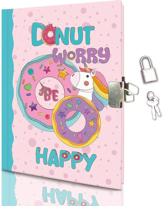 Girls Diary with Lock for Kids, 7x5.25 Inches 160 Lined Pages Secret Pink Doughnut Notebook for Girls Journal with Lock for Kids Pre School Writing Drawing Cute Girls Gifts for Birthday-DeskLoop Office