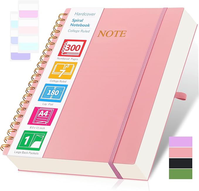 Spiral Notebook, 8.5” x 11” Notebooks for Work, 300 Numbered Pages College Ruled Notebook, Large Notebook for School with 24 Tabs, A4 Notebook Journal for Women Men, Thick Paper, Back Pocket, Pink-DeskLoop Office