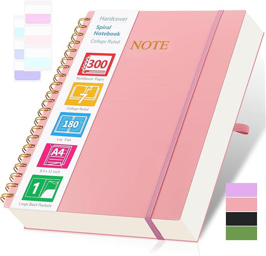 Spiral Notebook, 8.5” x 11” Notebooks for Work, 300 Numbered Pages College Ruled Notebook, Large Notebook for School with 24 Tabs, A4 Notebook Journal for Women Men, Thick Paper, Back Pocket, Pink-DeskLoop Office