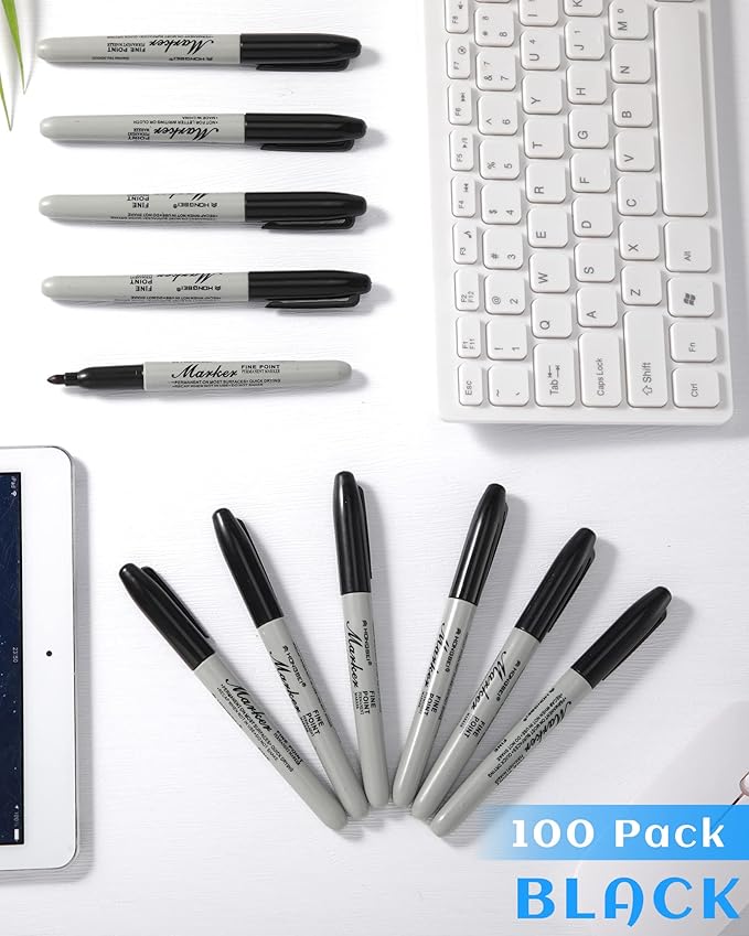 Thenshop 100 Pack Permanent Markers Bulk Black Permanent Marker Set Fine Point Pens Work on Wood, Metal, Stone, Glass-DeskLoop Office