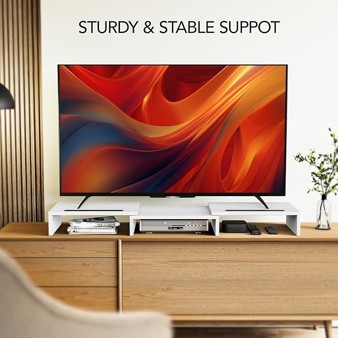 AMERIERGO Dual Monitor Stand Riser- 3 Shelf Screen Stand with Adjustable Length and Angle, 2 Extra Functional Slot Desktop Organizer Stand for PC, Computer, Laptop (White)-DeskLoop Office