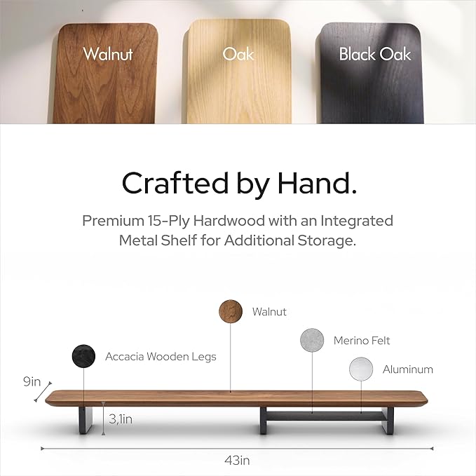 KIVY Dual Monitor Riser with Integrated Metal Shelf - Wooden desk shelf for top of desk - Wood monitor stand for desk 2 monitors / tv - Dual monitor stand riser for desk - Large walnut monitor stand-DeskLoop Office