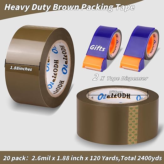 20 Rolls Brown Packing Tape with Dispenser, 1.88" X 120 yd Shipping Tape Bulk, Total 2400 yards, 2.6 mil, 3" Core, Tan Packing Tape Refills, Carton Sealing Tape for Moving Boxes, Package, Mailing-DeskLoop Office