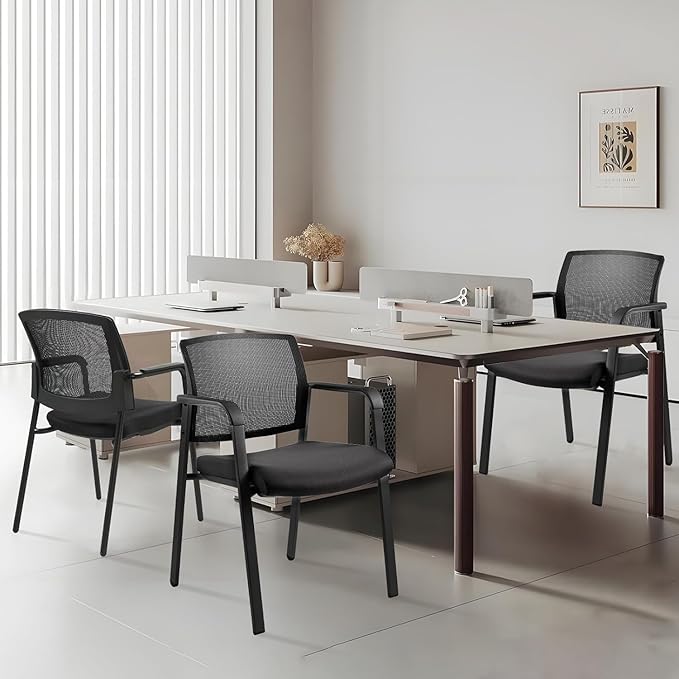CLATINA Mesh Back Stacking Arm Chairs with Upholstered Fabric Seat and Ergonomic Lumbar Support for Office School Church Guest Reception Black 8 Pack Set New Version-DeskLoop Office
