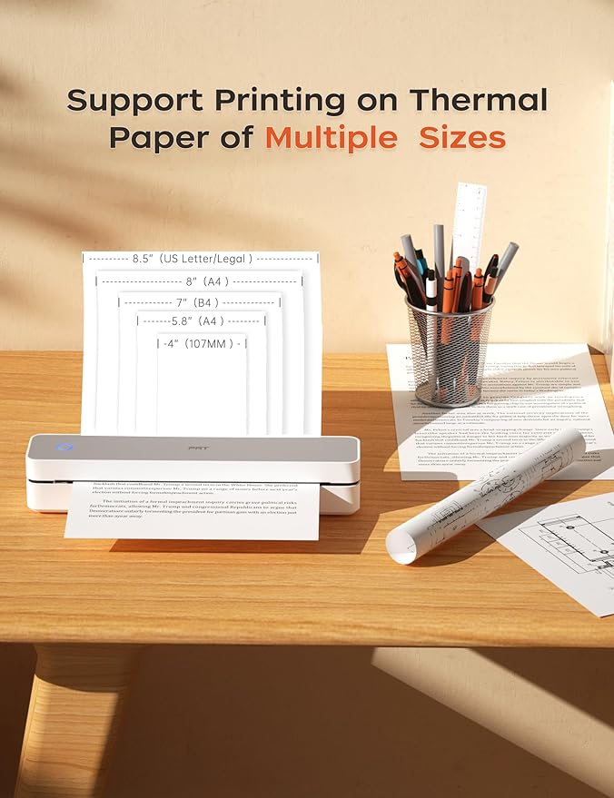 PRT Portable Printer Wireless for Travel, Inkless Bluetooth Small Mobile Thermal Printer, Support 8.5" X 11", A4, Compatible with iOS, Android, Laptop for Home Use, Office & Vehicles, 300 DPI, White-DeskLoop Office