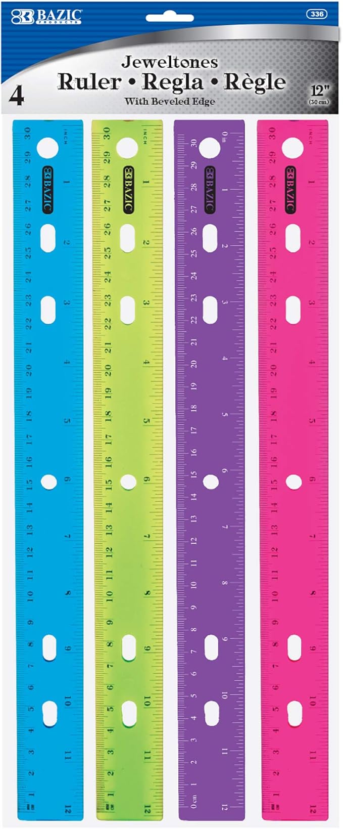 BAZIC Jeweltones Color Plastic Ruler 12" (30cm), Inches Centimeter Metric Measuring Drafting Rulers, for Students School Supplies (4/Pack), 1-Pack-DeskLoop Office