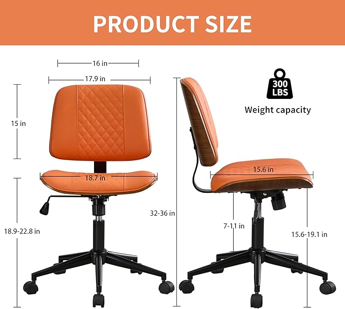 Armless Orange Home Office Chair – Mid-Back PU Leather, Adjustable Height Desk Chair with Swivel Wheels, Walnut Frame for Small Space Study or Bedroom-DeskLoop Office