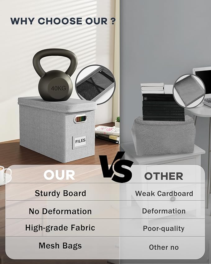 Oterri File Organizer Box with Lid, Hanging Filing File Box with Mesh Pocket, Document Organizer Box for Letter Files, Portable Storage Box with Smooth Sliding Rail for Office&Home (2 PCS, Light grey)-DeskLoop Office