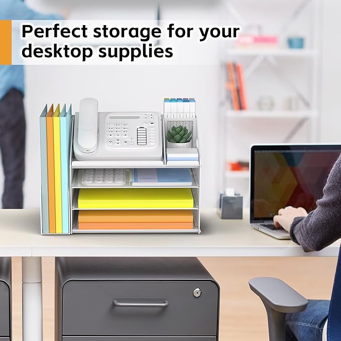 DocNest 4 Tier Paper Letter Tray File Organizer, Mesh Desk File with Handle, Workspace Desk Organizers with Pen Holder, Office Organization Storage Accessories - White-DeskLoop Office