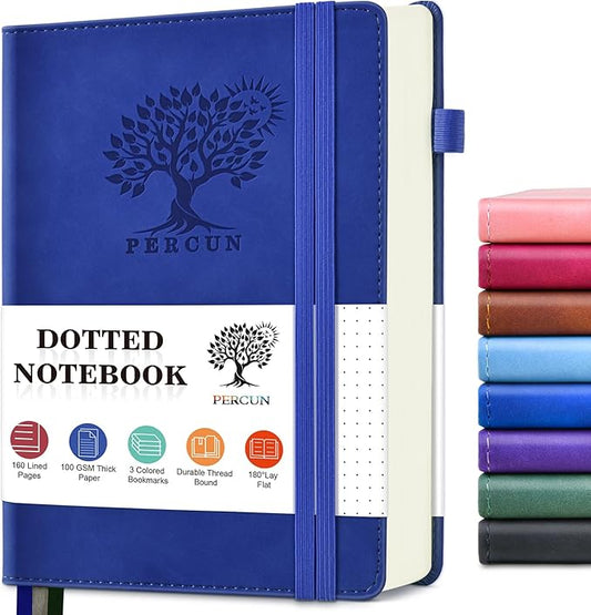 PERCUN Dotted Journal Notebook for Men & Women, 160 Pages Dot Grid notebook for Note Taking, Bullet Journaling Notebook for Work, School, Travel, Writing, A5 Hardcover 5.9" x 8.5"(Navy)-DeskLoop Office