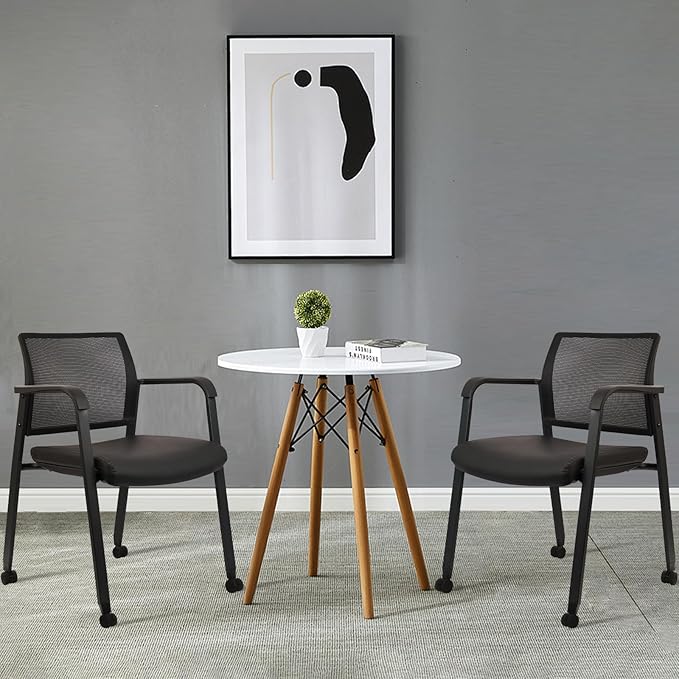 CLATINA Stacking Office Chair with Wheels, Mesh Back Waiting Room Guest Chairs with Arms Comfortable Leather Cushion Stackable Desk Chair for Conference Reception School Side Stationary, Black, 2PK-DeskLoop Office