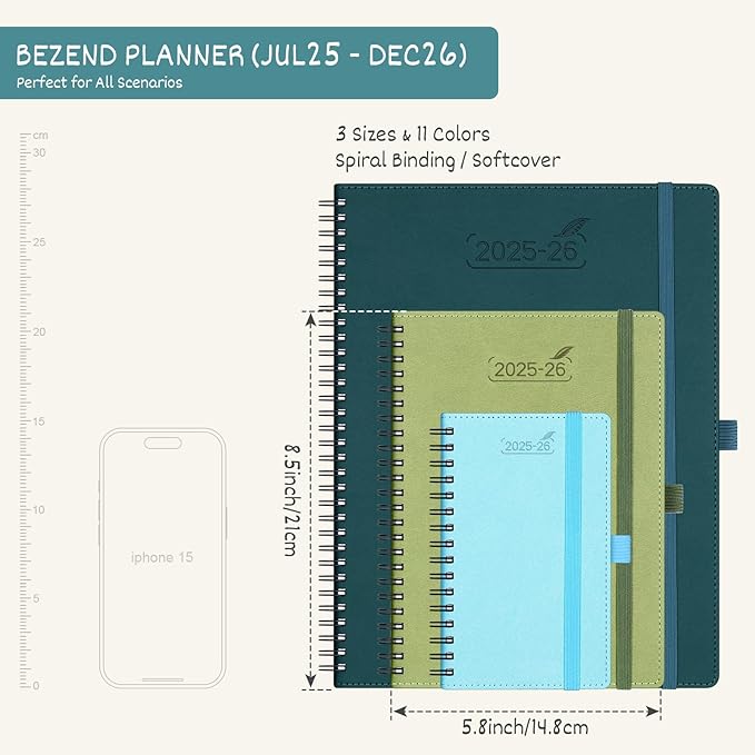 BEZEND Planner 2025-2026 Weekly and Monthly, 5.8" x 8.5" Academic Calendar (Jul 25-Dec 26) Vertical Daily Appointment with Hourly Timeslot & Monthly Tab, Spiral, PU Leather Softcover - Kiwi-DeskLoop Office