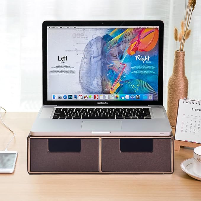 Linen Leather Desk Organizer and monitor stand with Drawers-Mini Desktop Drawer Organizer Stackable-Tabletop Organization Storage Box for Office Supplies Home Vanity Toiletries (Brown, 2-drawers)-DeskLoop Office