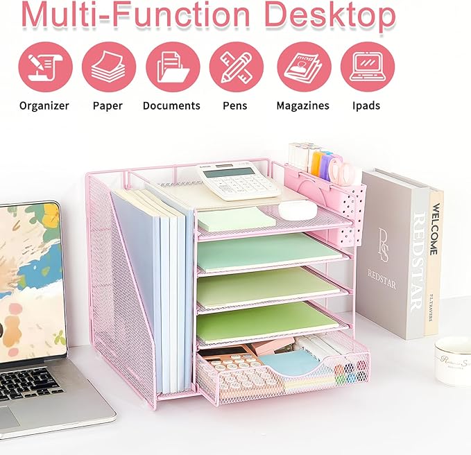 Desk Organizer with Drawer and Pen Holder, 5-Tier Paper Letter Tray Organizer with File Holder, Suitable for Workspace Organizer Office Supplies Storage (Pink)-DeskLoop Office