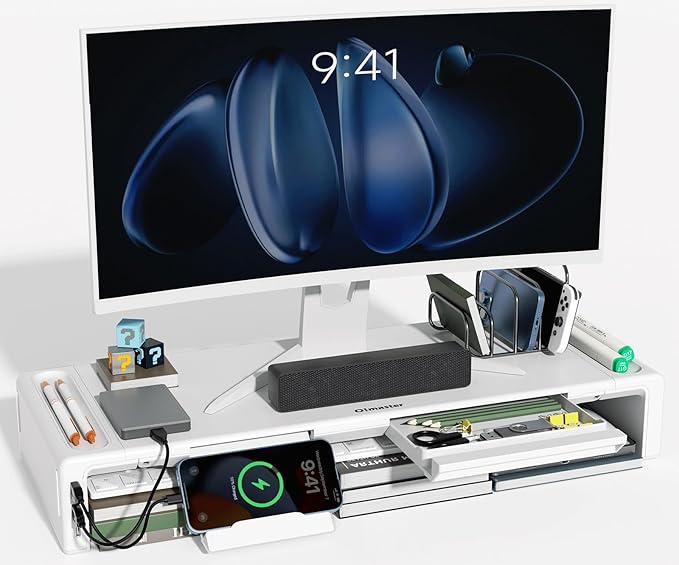 OImatser Monitor Stand Riser 3.0 USB HUB, Type-C Data Port, Foldable Computer Monitor Riser, Adjustable Length Computer Stand and Storage Drawer & Pen Slot, Phone Stand for Computer-DeskLoop Office