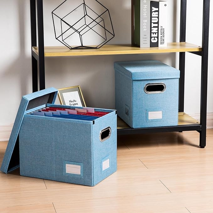 PRANDOM File Organizer Box - Set of 2 Collapsible Decorative Linen Filing Storage Hanging File Folders with Lids Office Cabinet Letter Size Blue (14x9.3x10.8 inch)-DeskLoop Office