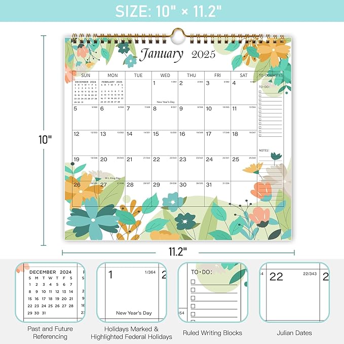 Lbylyhxc 2025 Calendar - from January to December 2025, 12 Monthly Wall Calendar 2025, 10 x 11.2 Inches.Thick Paper with Julian Dates and Block for New Year and Christmas Presents (Flowers)
