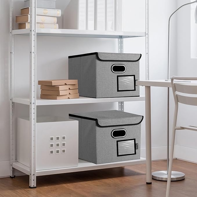 BALEINE File Organizer Box with Lid, Collapsible File Folder Organizer with Plastic Slide, Hanging File Folder Box for Office Document Storage (1 Pack, Grey)-DeskLoop Office