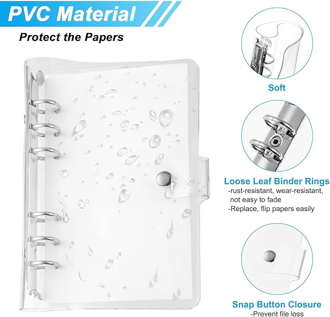 PATIKIL A6 Clear Binder Cover, 2Pcs Soft PVC Loose Leaf Binder Protector Refillable Notebook Shell with Snap Button Closure 6 Ring for DIY Meeting Notebook Folder, Silver Tone