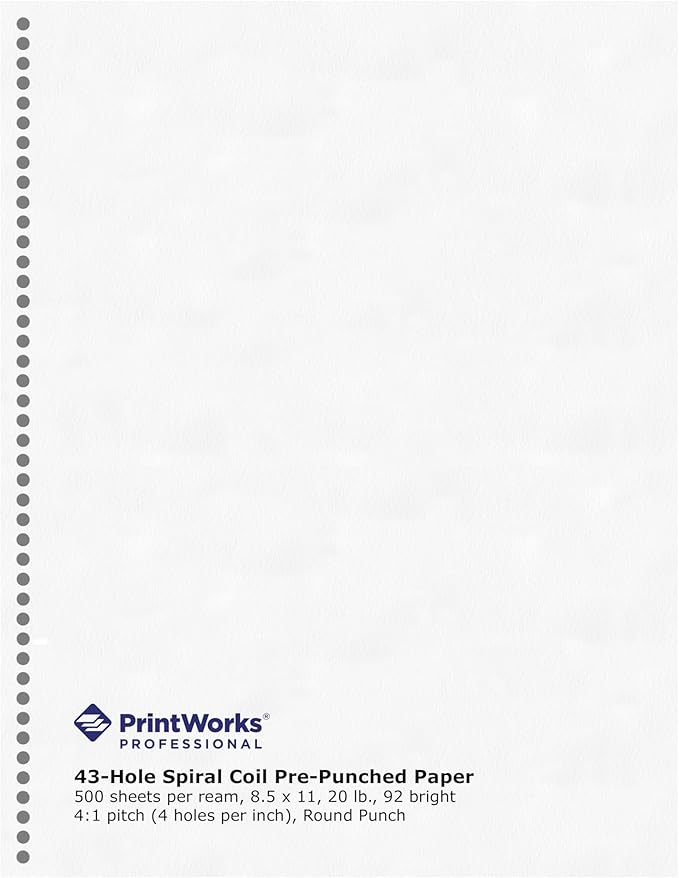 PrintWorks Professional Pre-Punched Spiral Binding Paper - 43-Hole (4:1 Pitch Hole Punch) - Book Binding Printer Paper - Made in the USA - 500 Sheets - 8.5" x 11" - 20 lb - 92 Bright White (04144)-DeskLoop Office